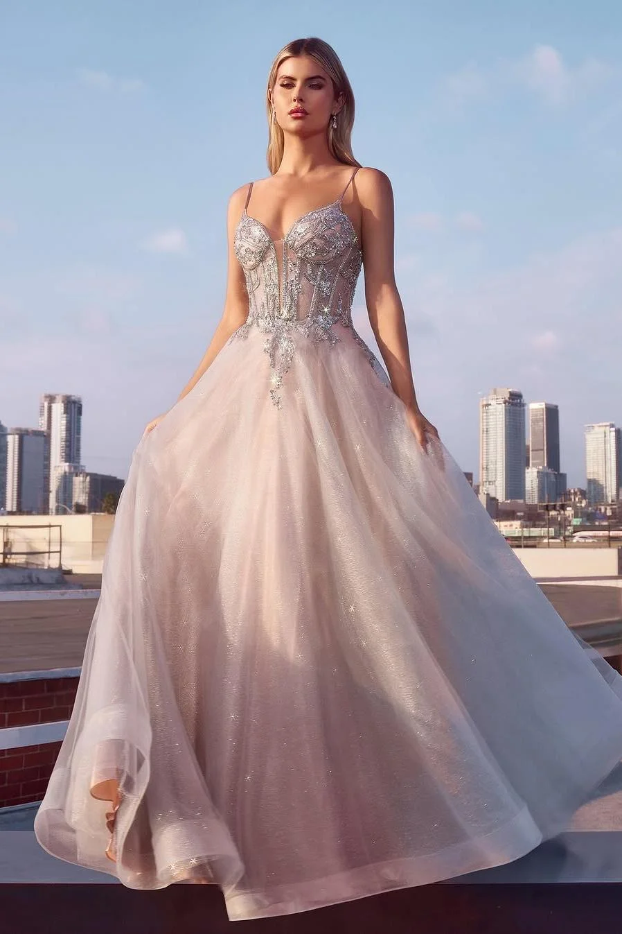 Miabel Elegant Dusty Rose Tulle Spaghetti Strap Sleeveless Long Split Prom Dress with Sequins