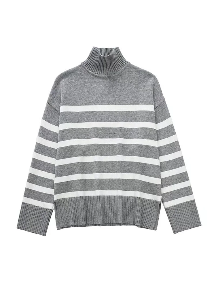 Willshela Women Fashion Striped Knitted Sweater Vintage Long Sleeves High Neck Female Chic Lady Sweaters