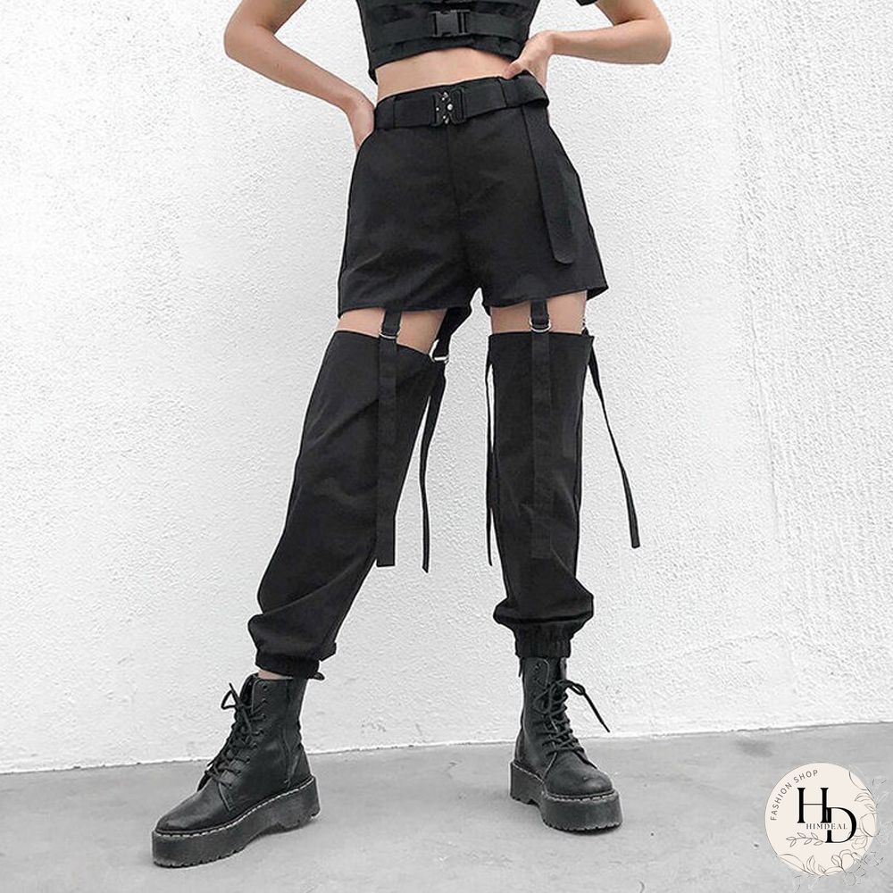 Harajuku Pants Fashion Hollow Out High WaistCargo Women Elastic Solid Black TrousersNew