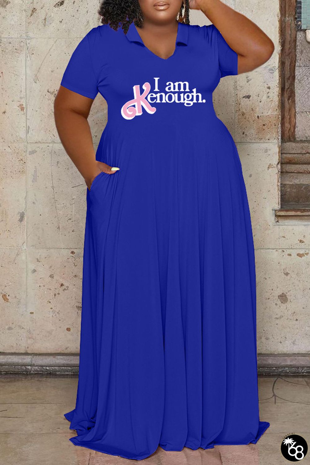 Blue Casual Letter Print Patchwork V Neck Short Sleeve Dress Plus Size Dresses | 168DEAL