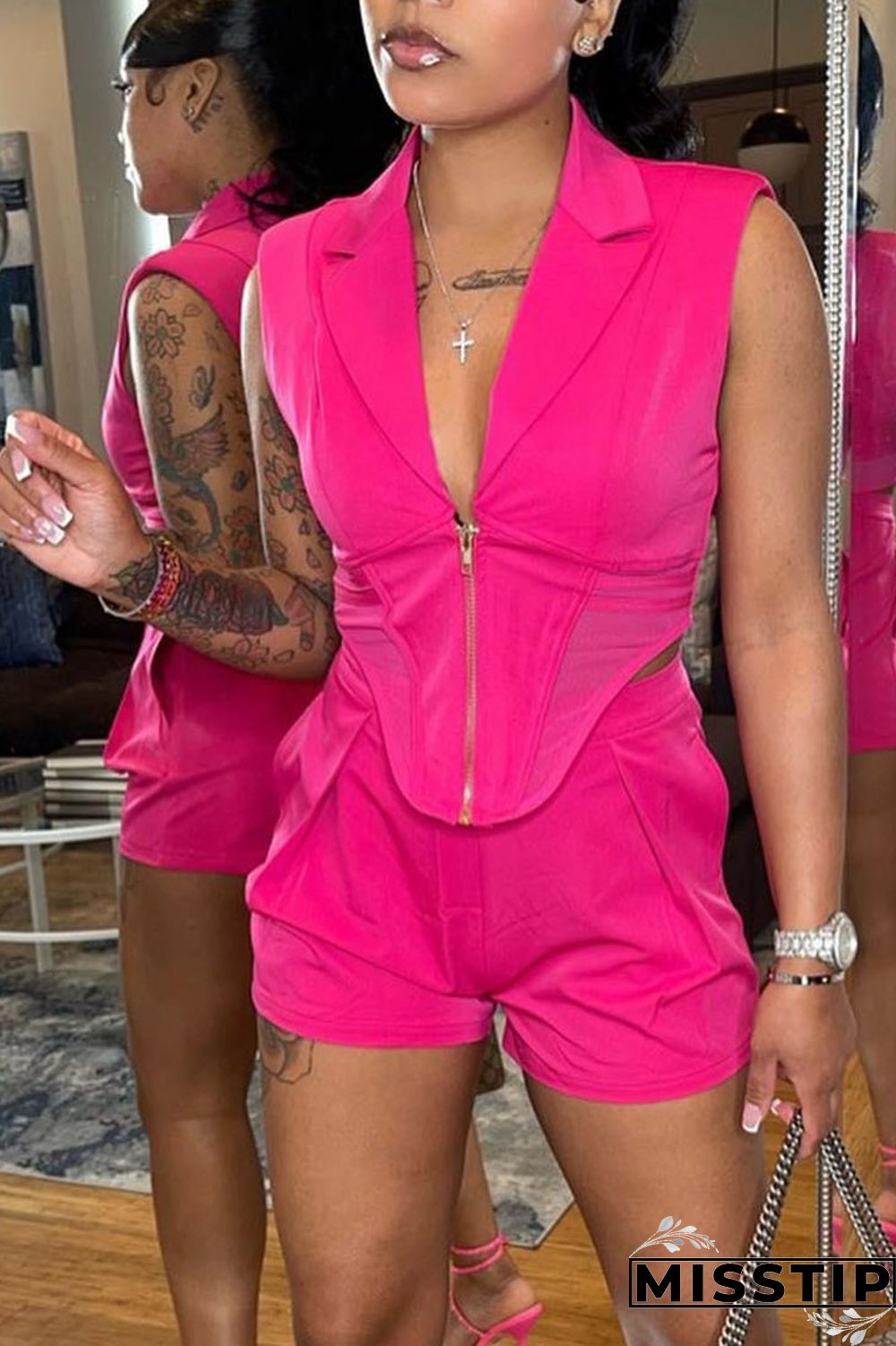 Black Fashion Casual Solid Patchwork Zipper Turn-back Collar Sleeveless Two Pieces