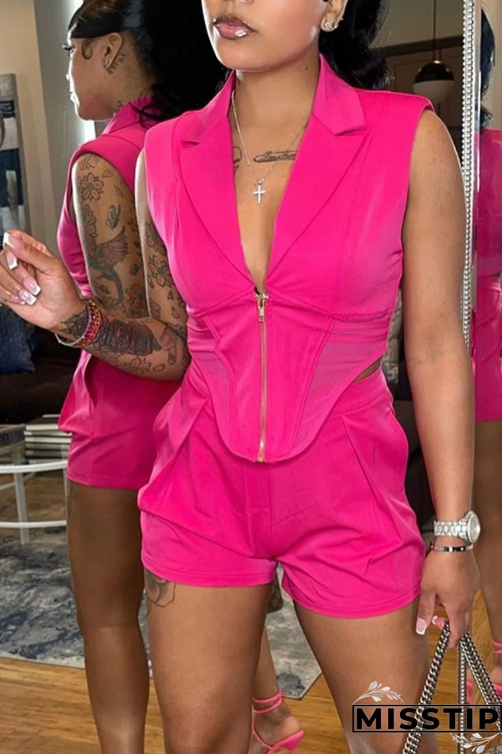 Black Fashion Casual Solid Patchwork Zipper Turn-back Collar Sleeveless Two Pieces