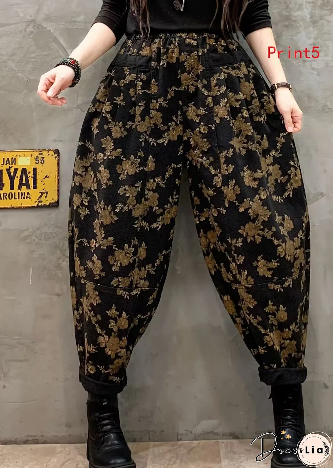 Vintage Floral Print Elastic Waist Denim Harlan Pants Autumn