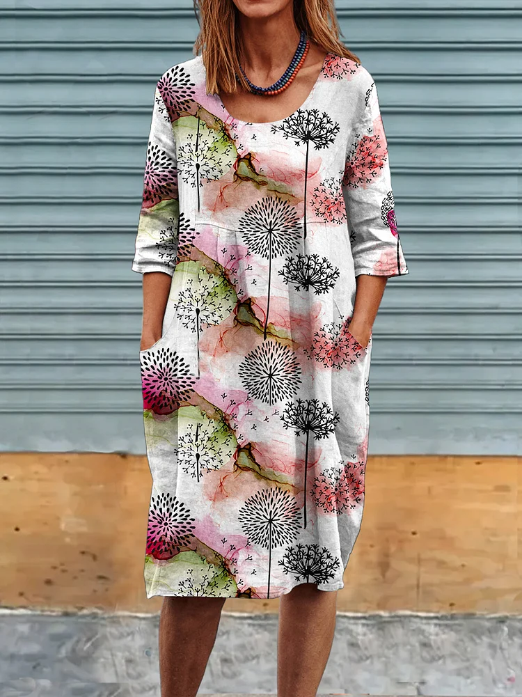 Women's Dandelion Art Print  Linen Pocket Tunic Casual  Dress socialshop