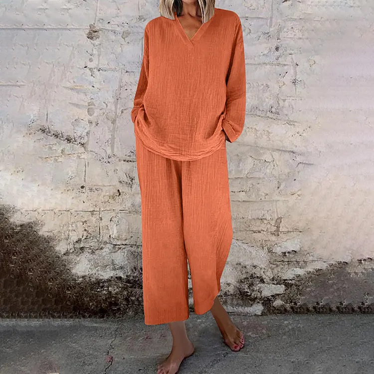 Casual V Neck Long Sleeved Pocket Trousers Cotton Two-piece Set