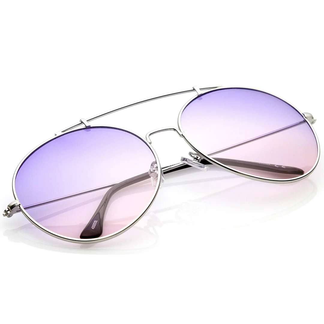 Oversize Metal Double Nose Bridge Slim Arms Gradient Round Lens Aviator glasses 64mm