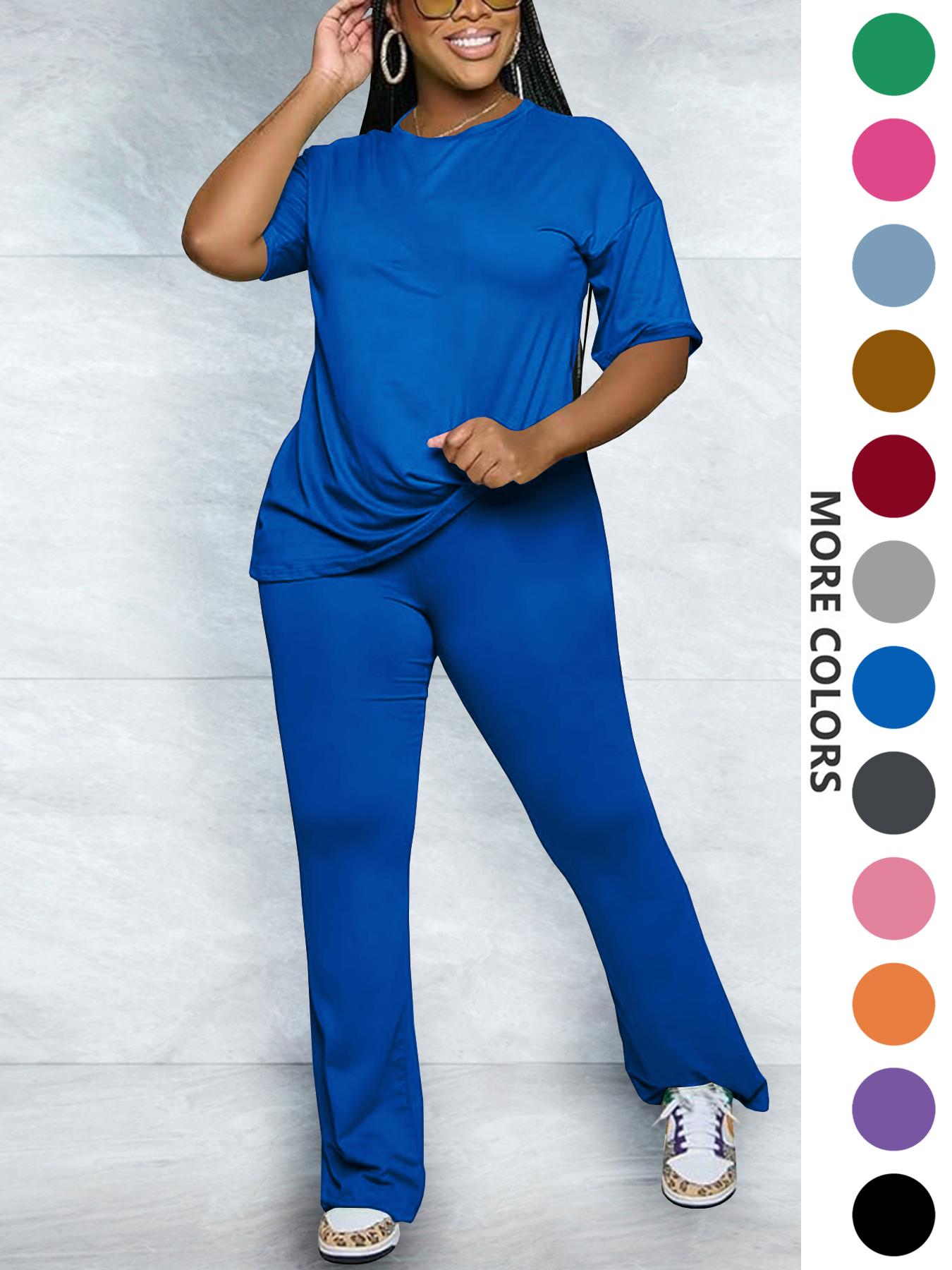Women's Solid Round Neck Drop Shoulder Fitted Tee & Pants Two-piece Set, Casual Basic Fashion Cozy Half Sleeve T-shirt & Trousers for Daily Outdoor Wear, Women's Clothing for Fall, Casual Loungewear Set Women's Solid Round Neck Drop Shoulder Fitted Tee & Pants Two-piece Set, Casual Basic Fashion Cozy Half Sleeve T-shirt & Trousers for Daily Outdoor Wear, Women's Clothing for Fall, Casual Loungewear Set