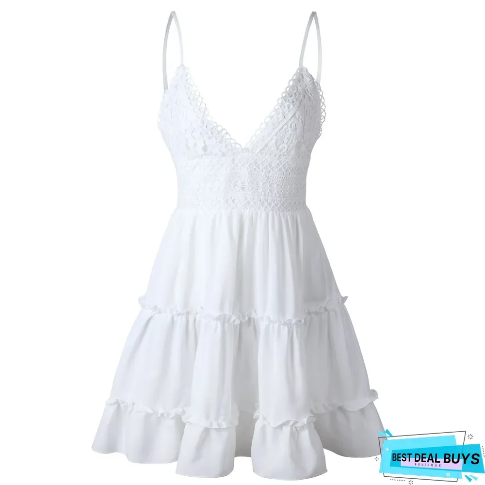 Women Lace Sexy Backless V-Neck Beach Dresses Sleeveless Mini Sundress White Dresses