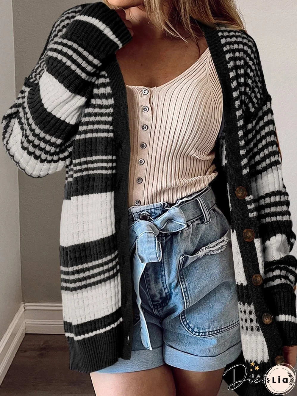Textured Black Striped Knit Cardigan with Button Details