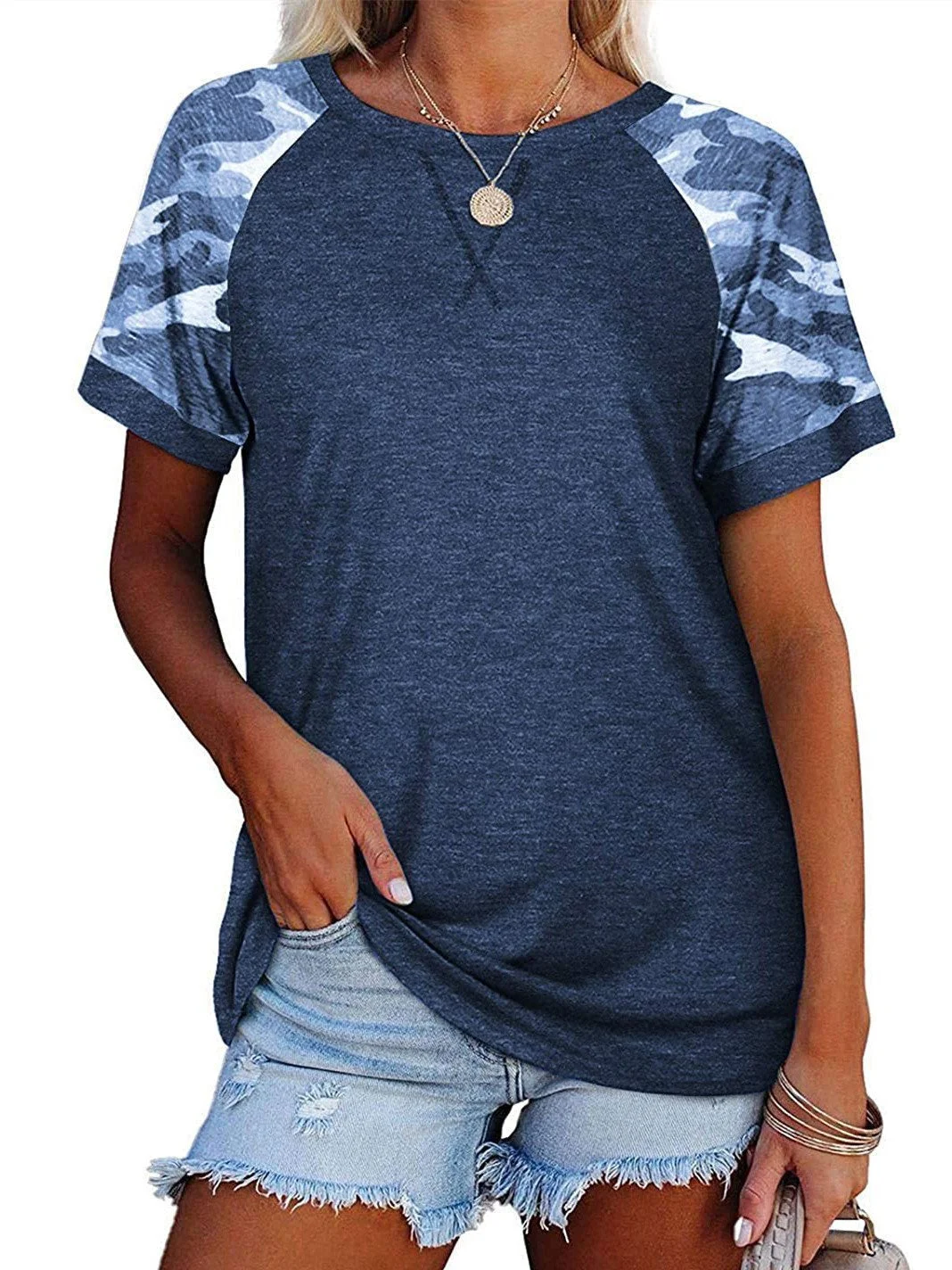 Women Short Sleeve Scoop Neck Printed Stitching Top