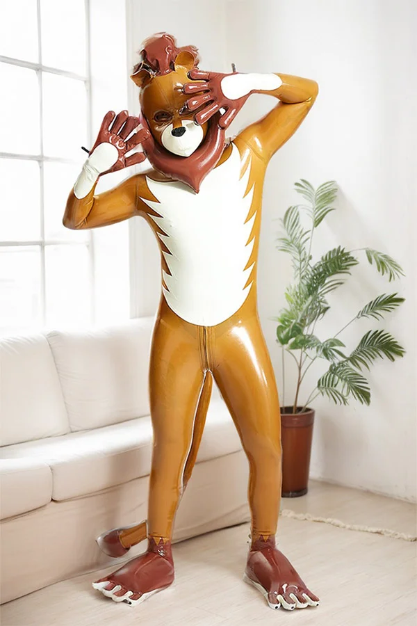 Men Latex Catsuits Simba LIon Inflatable Animal Suit Cute Animal Cosplay Costume- Tan & White