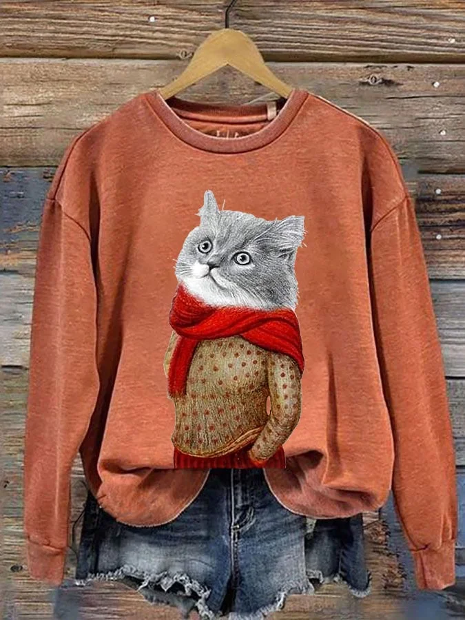 Women's  Winter Cat Print Sweatshirt
