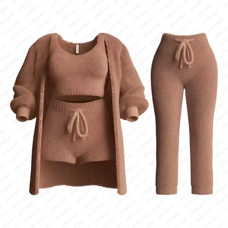 Uveng Uveng 2025 New Knitted Plush Long-Sleeved Coat Vest Shorts Four-Piece Set + Three-Piece Set