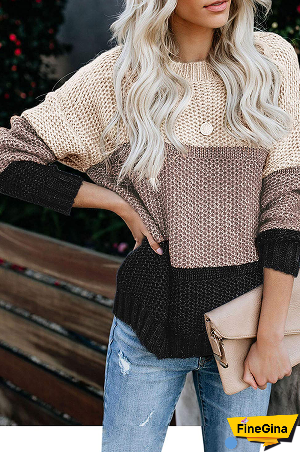 Casual Patchwork Basic  Contrast O Neck Tops Sweater