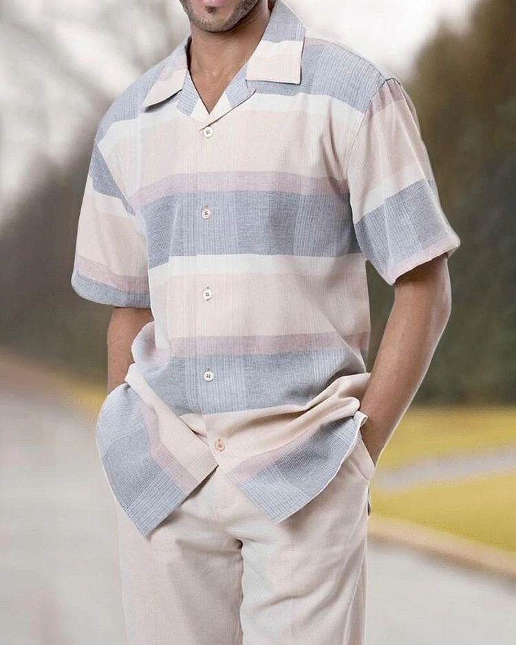 Two Piece Short Sleeve Print Walking Suit Set With Long Pants