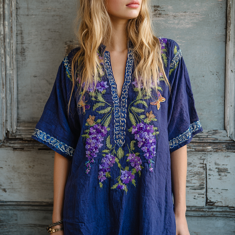 VChics Women's Lavender Embroidery Linen V-neck Shirt