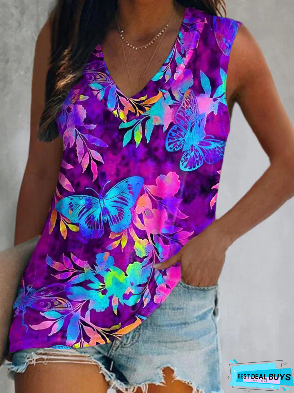 Casual V Neck Fit Butterfly Tanks & Camis