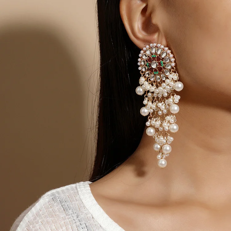 exotic ethnic style diamond encrusted pearl tassel earrings