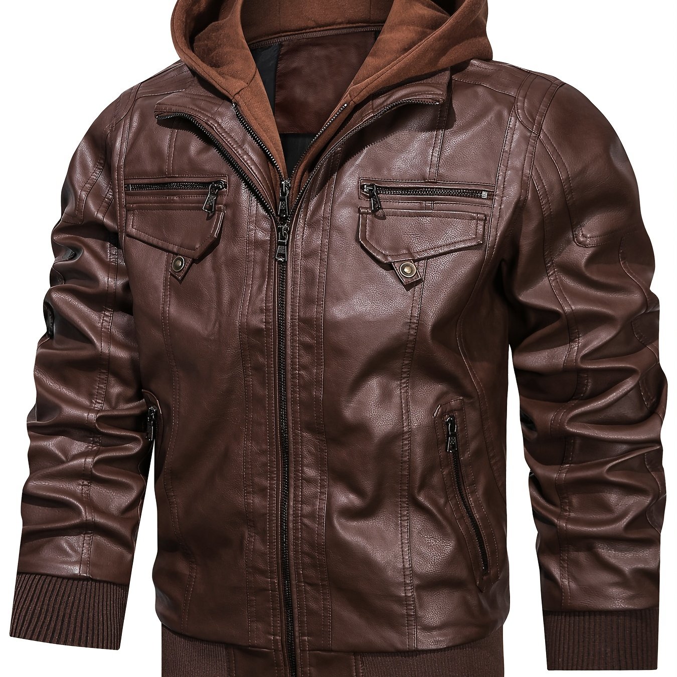 men's Faux Leather Motorcycle Jacket, Vintage Biker Bomber Jacket Zip Up With Removable Hood