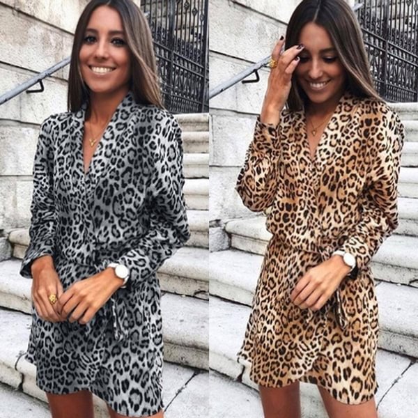 Ladies Fashion V-Neck Party Skirt Leopard Print Dress - BlackFridayBuys