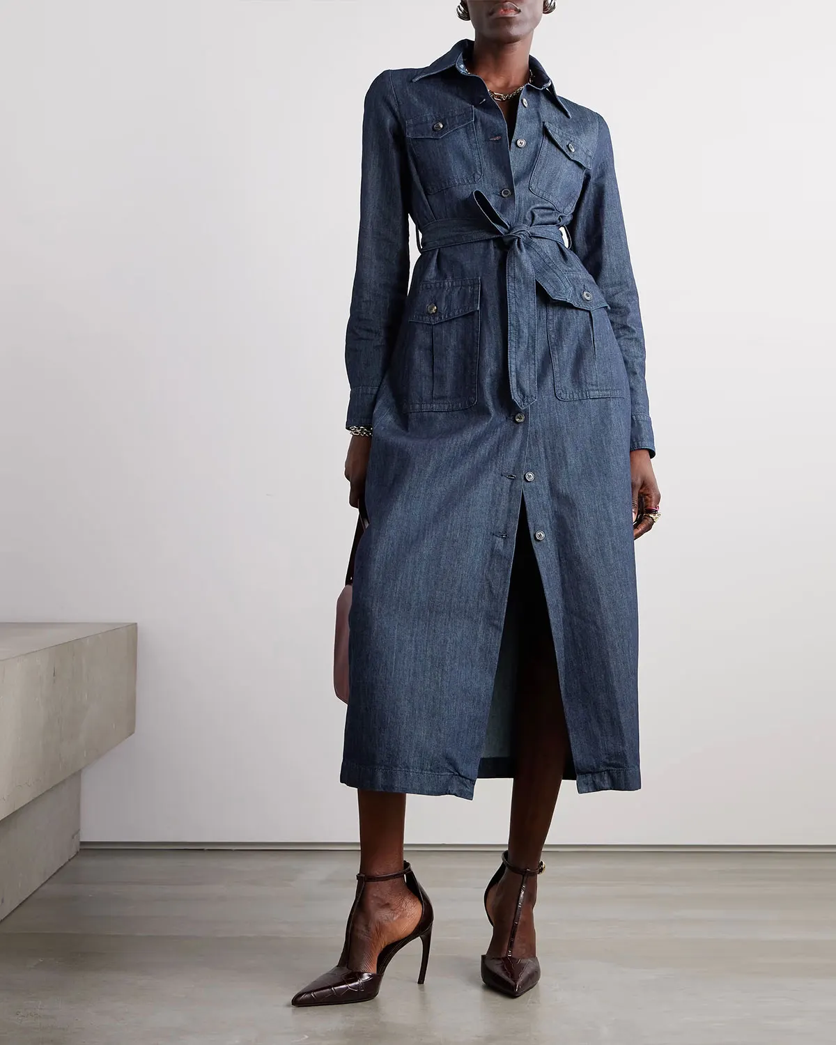 Tiered Denim Maxi Dress with Belt