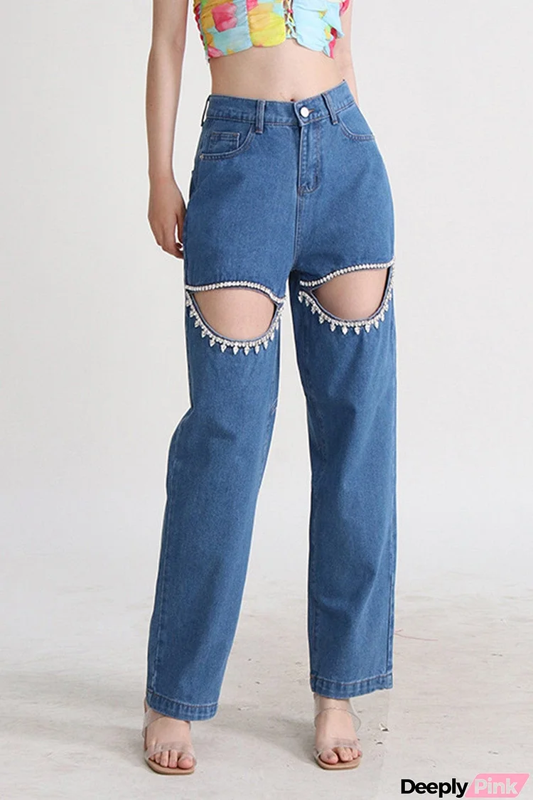 High Rise Beading Cutout Straight Denim Jeans