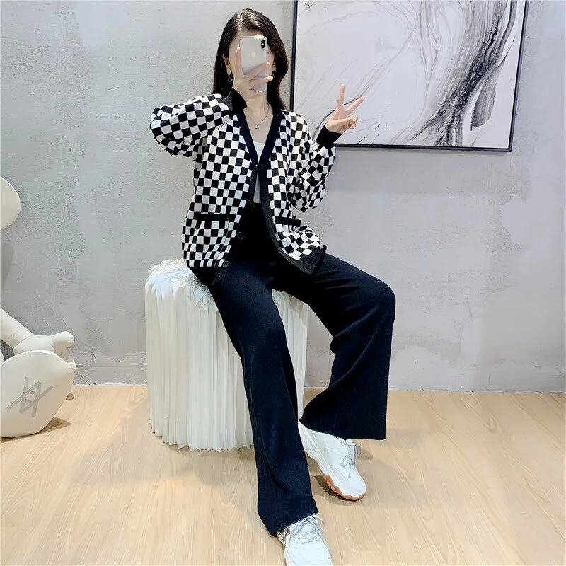Woherb new women's suit trousers two-piece suit female spring and autumn casual Fashion Plaid top and Wide Leg pants 2 Piece Set
