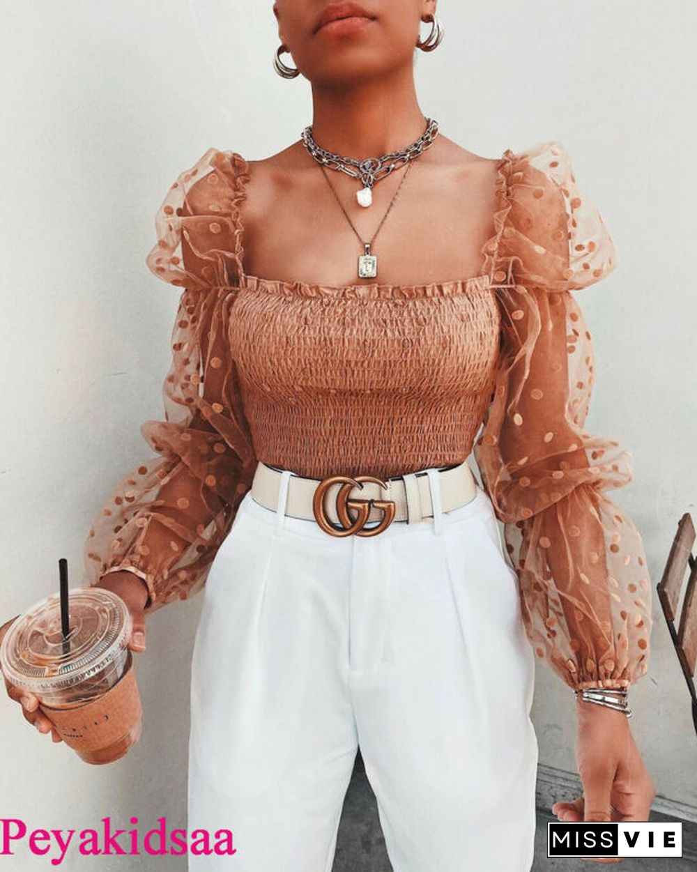 Sexy Women SquareNeck Lace See-through Polka Dot Puff Long Sleeve Elastic Crop Top Female Shirts Evening PartyClubwear