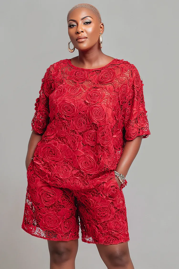 Xpluswear Design Plus Size Party Red Round Neck Short Sleeve Pocket See Through Lace Two Piece Short Sets [Pre-Order] 2024 - Xpluswear