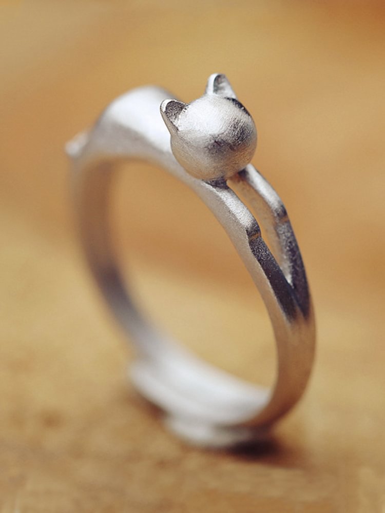 Comstylish Cute Cat Silver Adjustable Ring