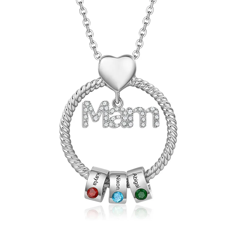 3 Names-Personalized Mam Circle Necklace With 3 Birthstones Pendant Engraved Names Gift For Mother