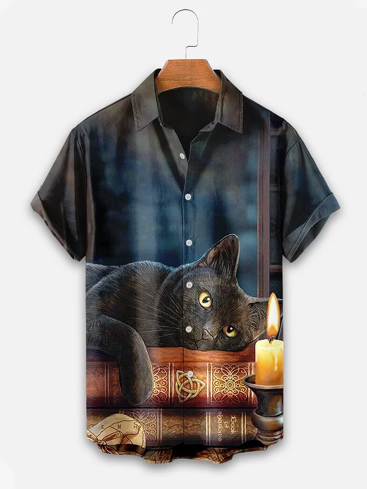 Men's Halloween Cat Print Casual Shirt