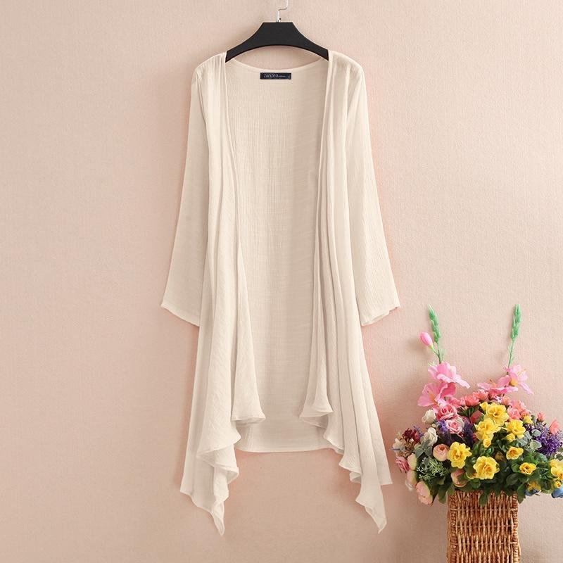 Women's Summer Blouse Cover Up ZANZEA Elegant Solid Cardigans Casual Long Sleeve Irregular Tops Beach Kimono