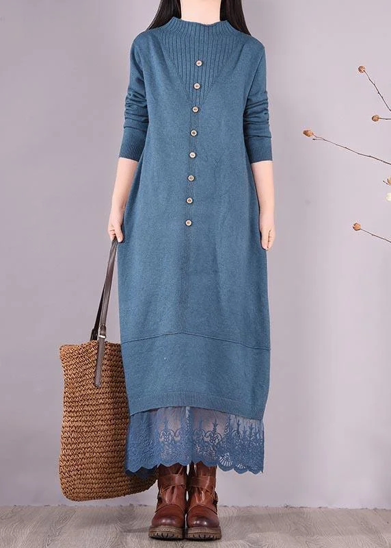 Vivid Blue Tunics O Neck Patchwork Lace Spring Dress