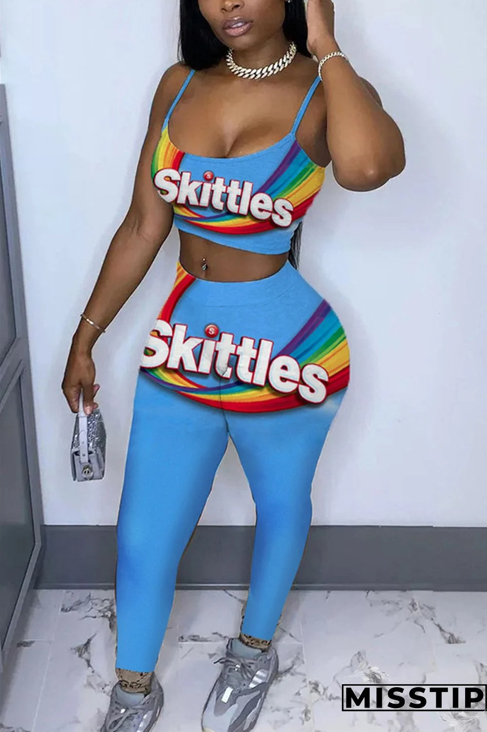 Light Blue Casual Print pencil Sleeveless Two Pieces