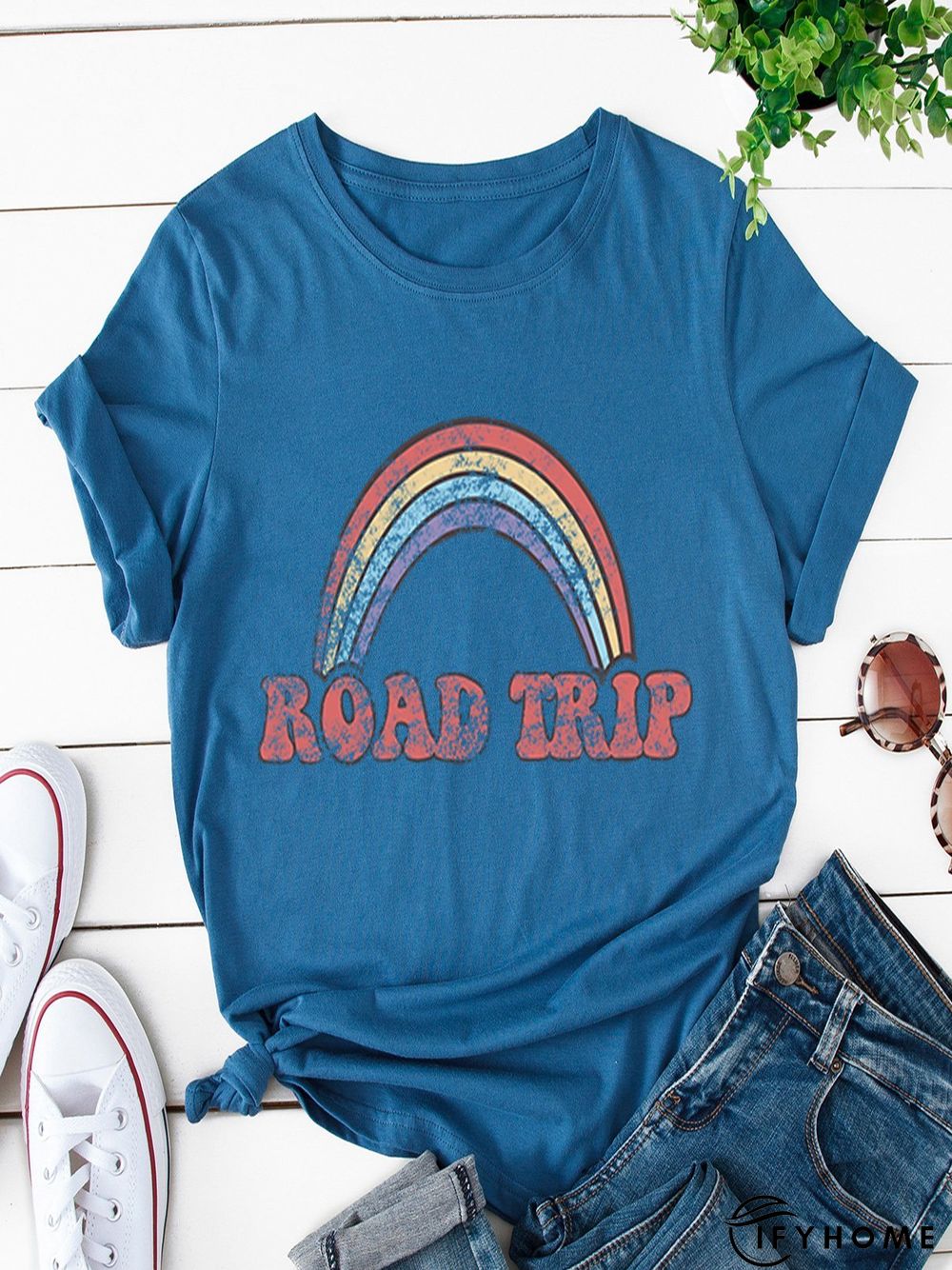 Vintage Short Sleeve Rainbow Letter Printed Plus Size Casual Tops | IFYHOME
