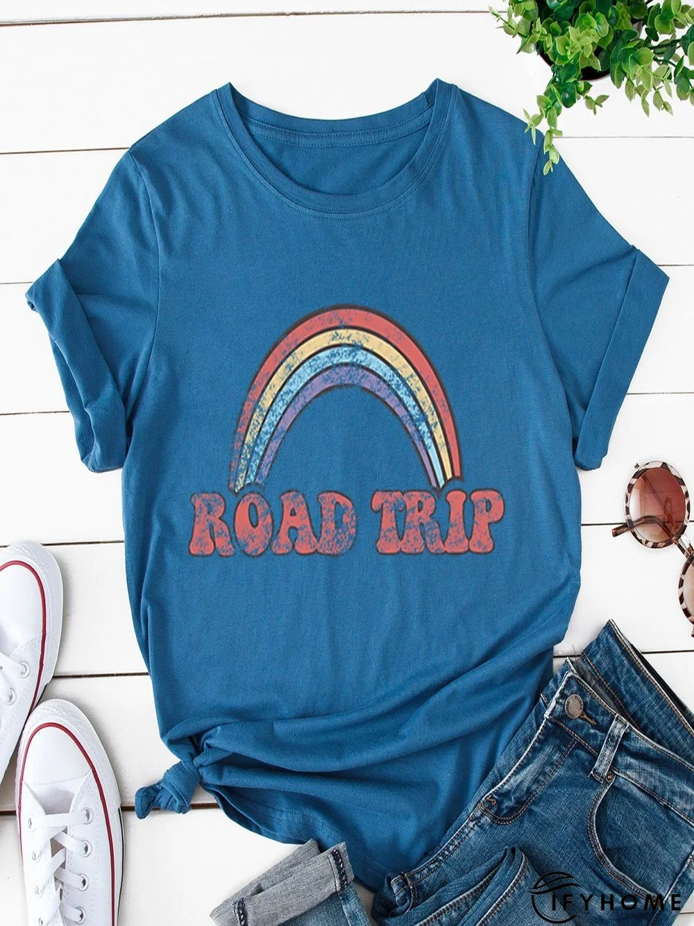 Vintage Short Sleeve Rainbow Letter Printed Plus Size Casual Tops | IFYHOME