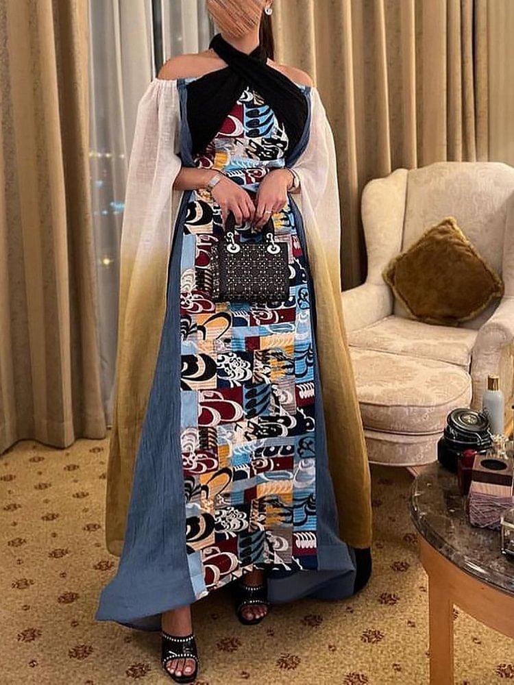 Vintage Print Over Neck Elegant Dress