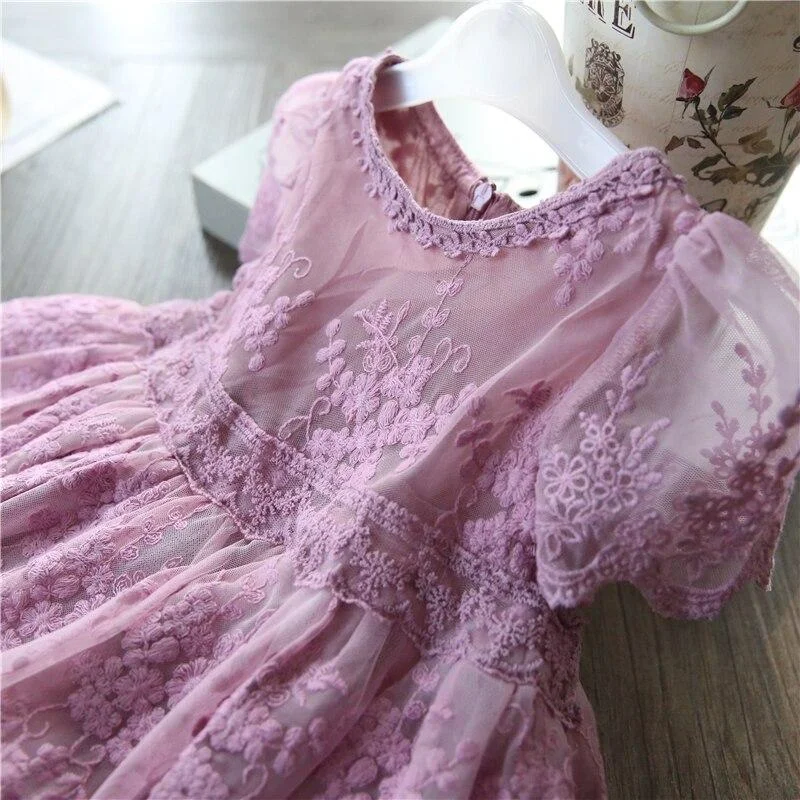 Girls Flower Lace Embroidery Dresses Kids Summer Short Sleeve Elegant Princess Costume Birthday Party Vestidos Children Clothes