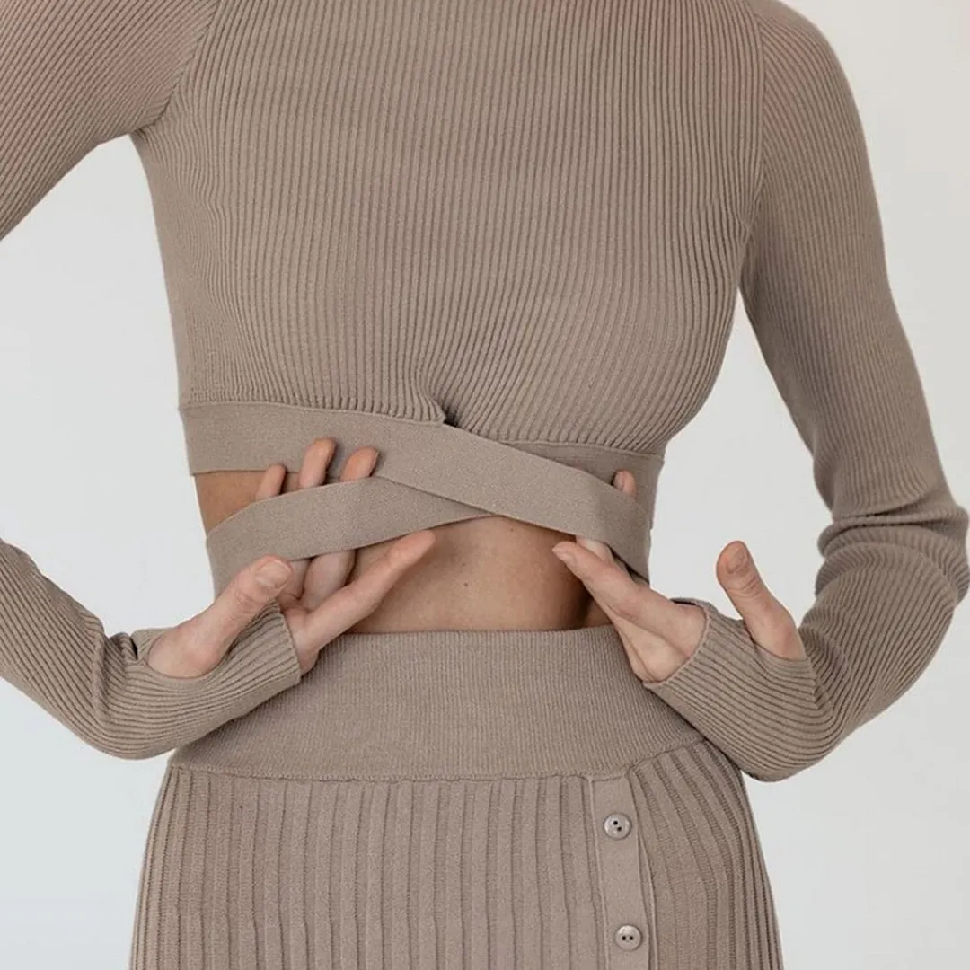 Tossy New White Knit Two Piece Women Sets Fall Ribbed Crop Top And Pleated Knitted Skirt Suits For Women Midi Dress Sets 2021