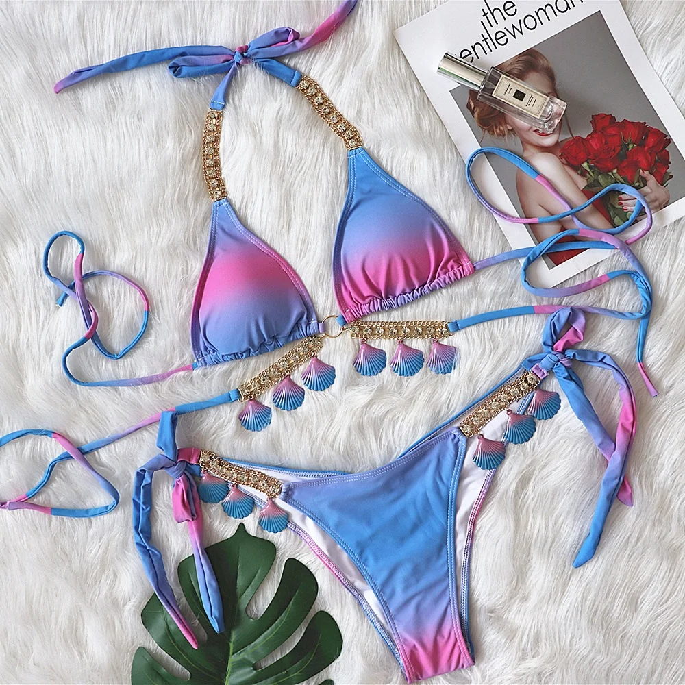Uveng Uveng New Sexy Strap Gradient Print Women's Split Swimsuit Luxury Crystal Diamond Bikini Shell Swimsuit