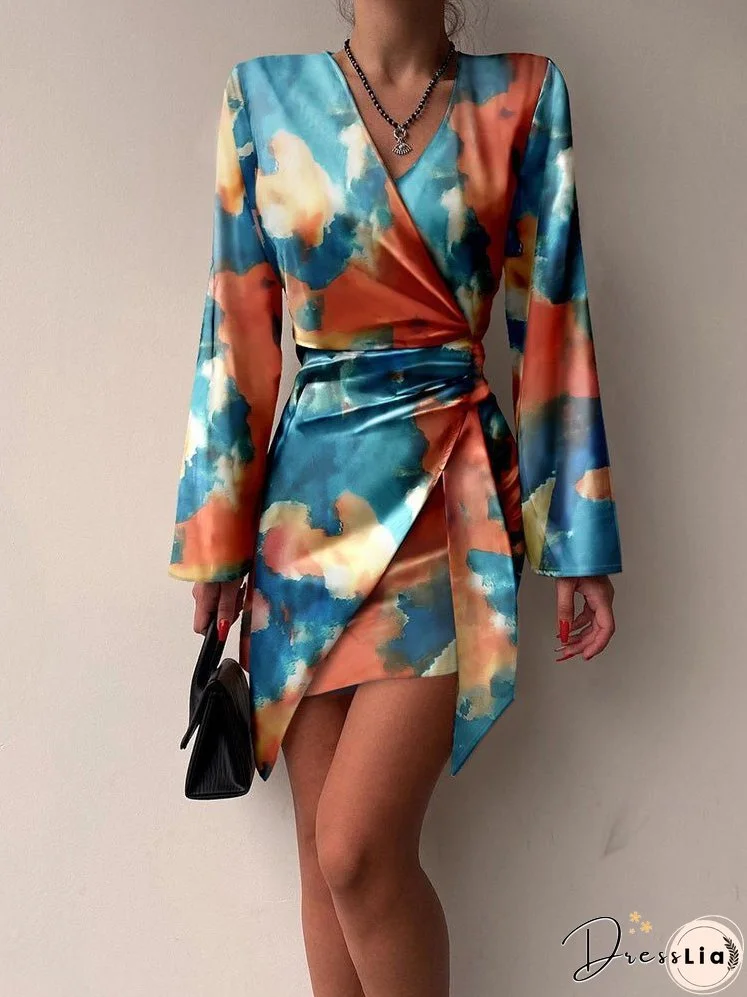 Women's Dresses V-Neck Printed Long Sleeve Irregular Dress