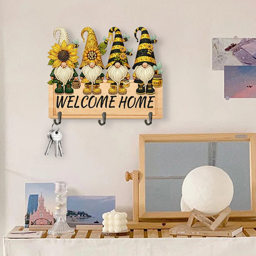 DIY Bee Gnome Wooden Special Shape 3 Hooks No Punch Diamond Painting Hook Rail