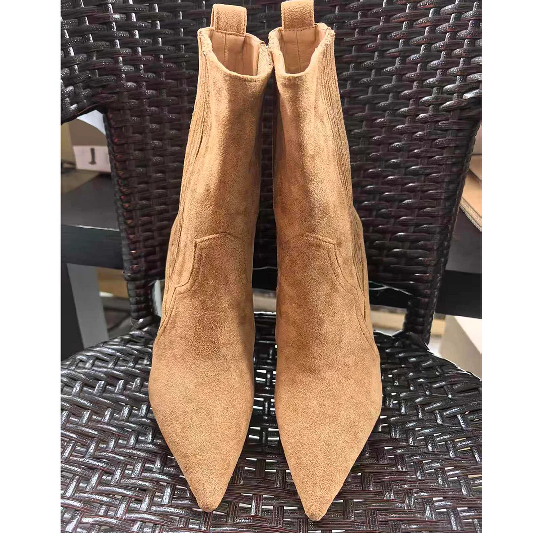 80mm Women's Heels Boots Red Bottom Khaki Suede Ankle Boots-MERUMOTE