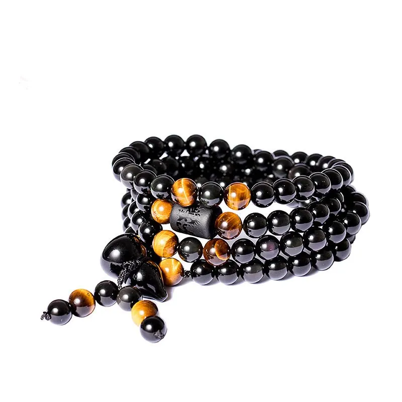 Natural Black Obsidian Rainbow Obsidian Gourd Blessing Bracelet Necklace Mala