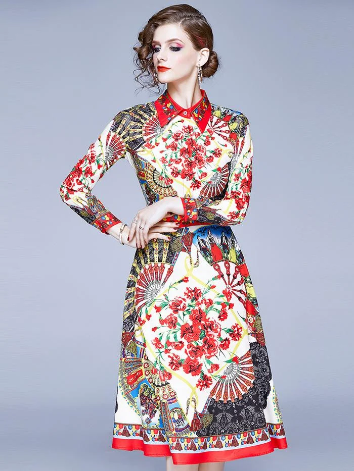 Lapel printed long-sleeved A-line dres