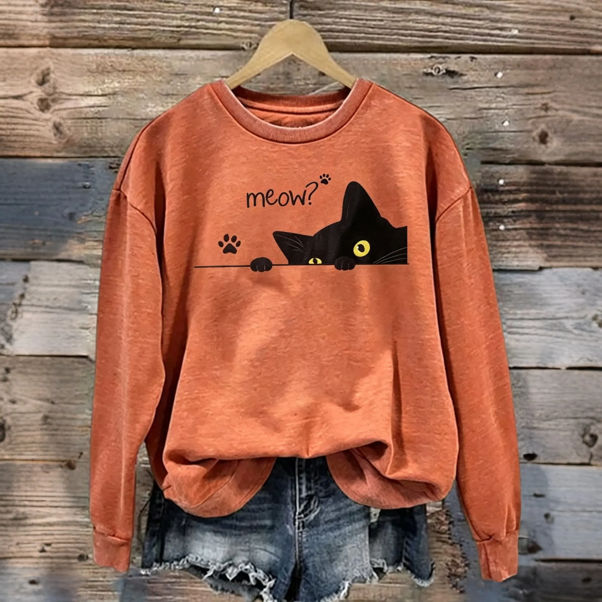 Comstylish Women's Halloween Retro Cat Letter Print Crew Neck Sweatshirt