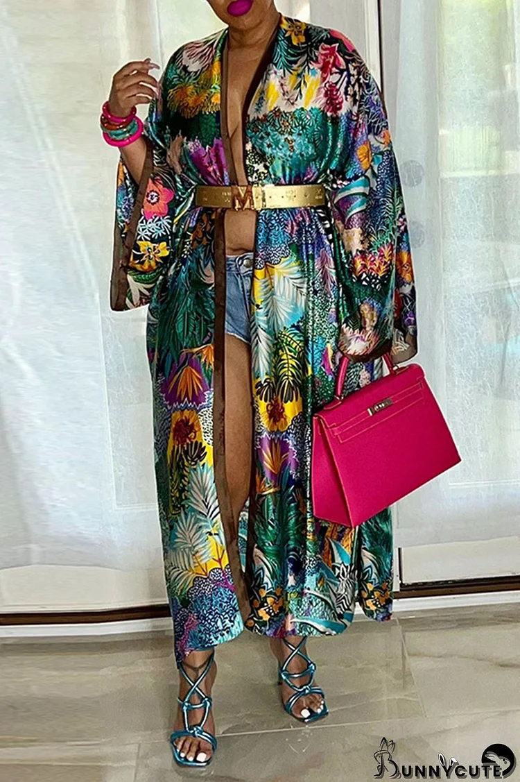 Green Fashion Casual Print Patchwork Outerwear(Without Belt)
