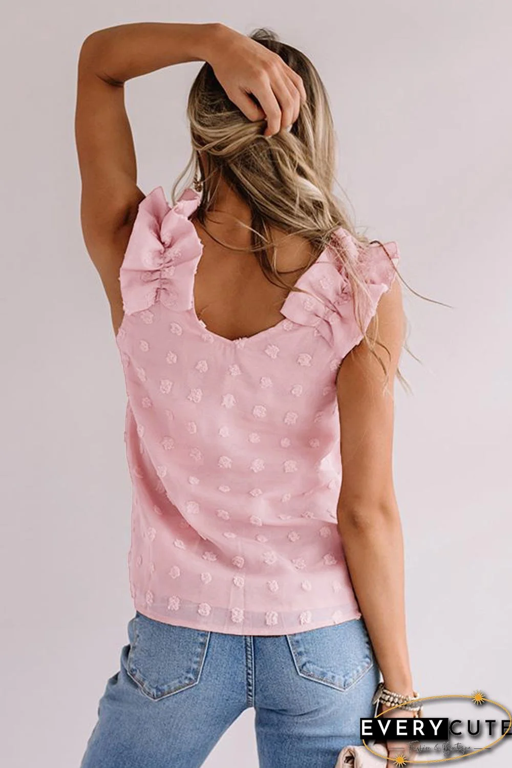 Pink Swiss Dot Woven Sleeveless Top With Ruffled Straps