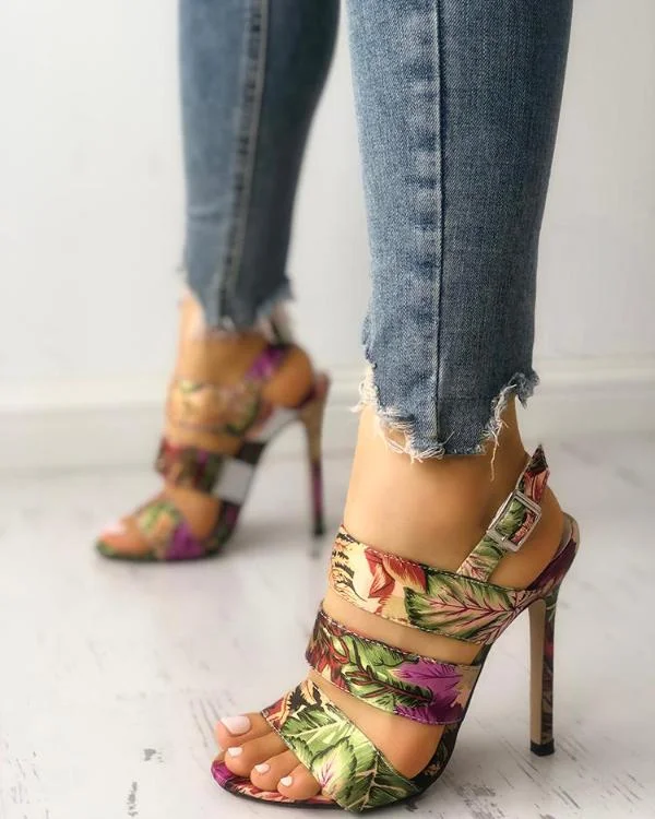 Leaf Print Bandage Thin Heeled Sandals